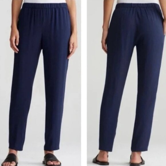 Eileen Fisher Midnight Navy Silk Pull On Ankle Pants - Picture 1 of 11